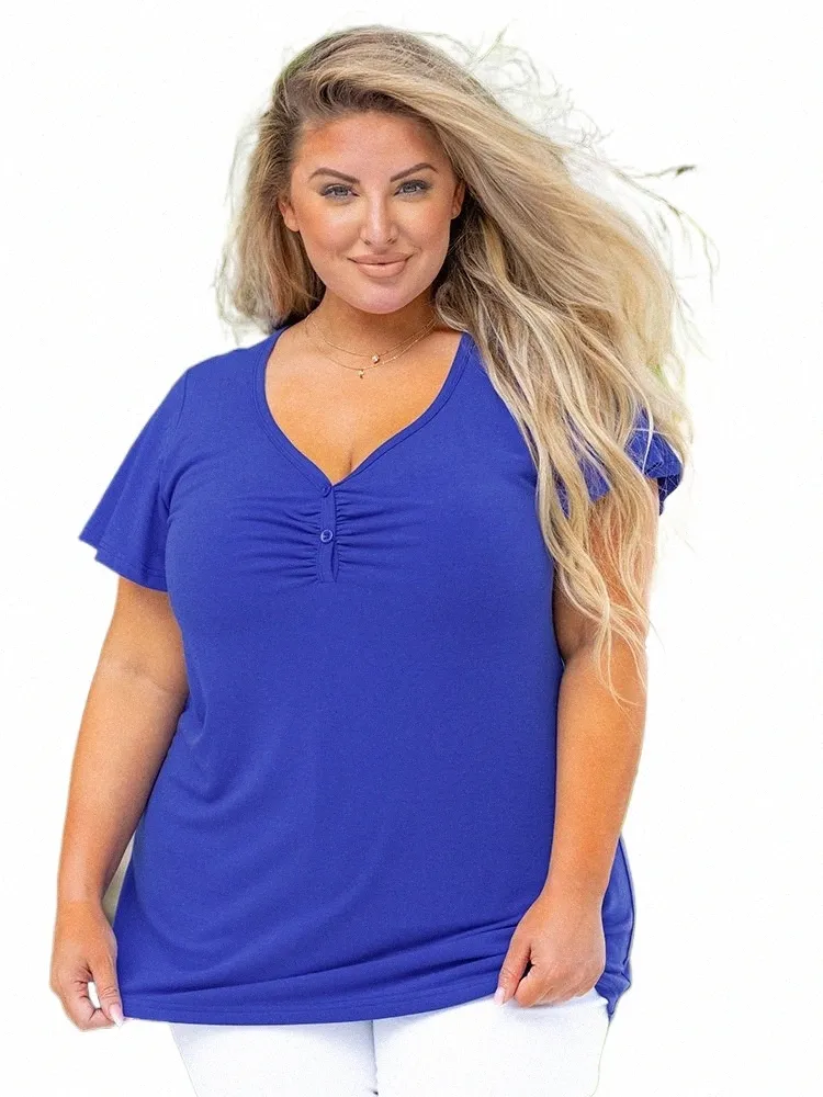 Moodclo – tunique de grande taille pour femmes, couleur unie, t-shirt d'été noir, col en V, poches, hauts amples, chemisiers b3Z7 #