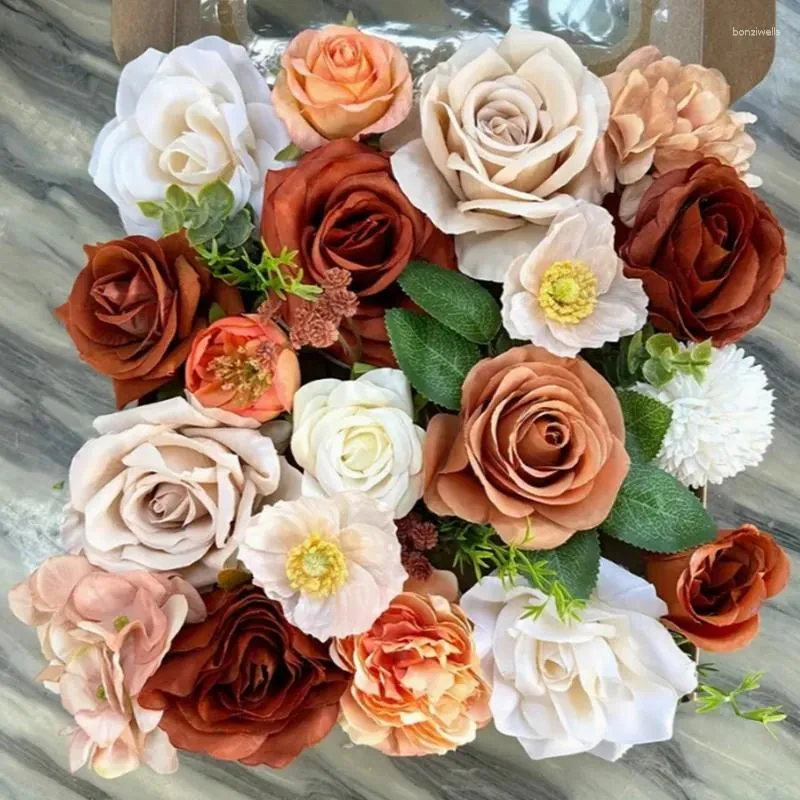 Flores decorativas rosas artificiais combinadas-dly buquê de noiva de casamento peças centrais-ferrugem laranja champanhe flor com haste