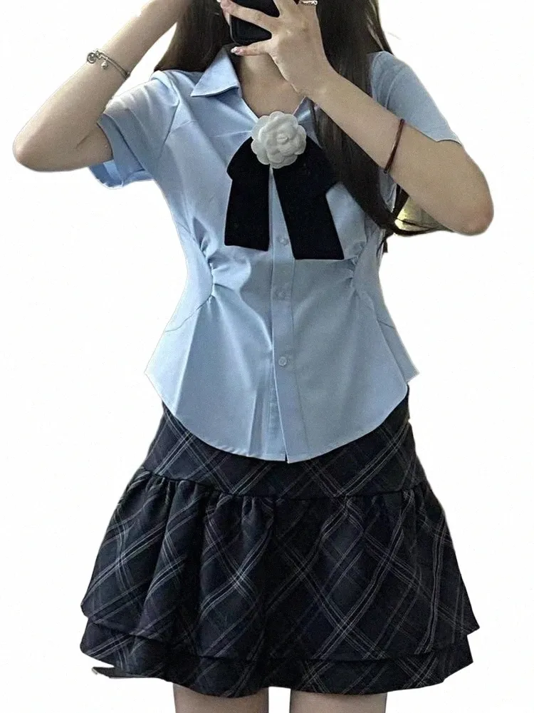 Japonês Kawaii JK Uniforme Escolar Mulheres Coreano Fi Bonito Uniforme Conjunto de Duas Peças Camisa Azul Vintage e Mini Saia Xadrez Define t6iY #
