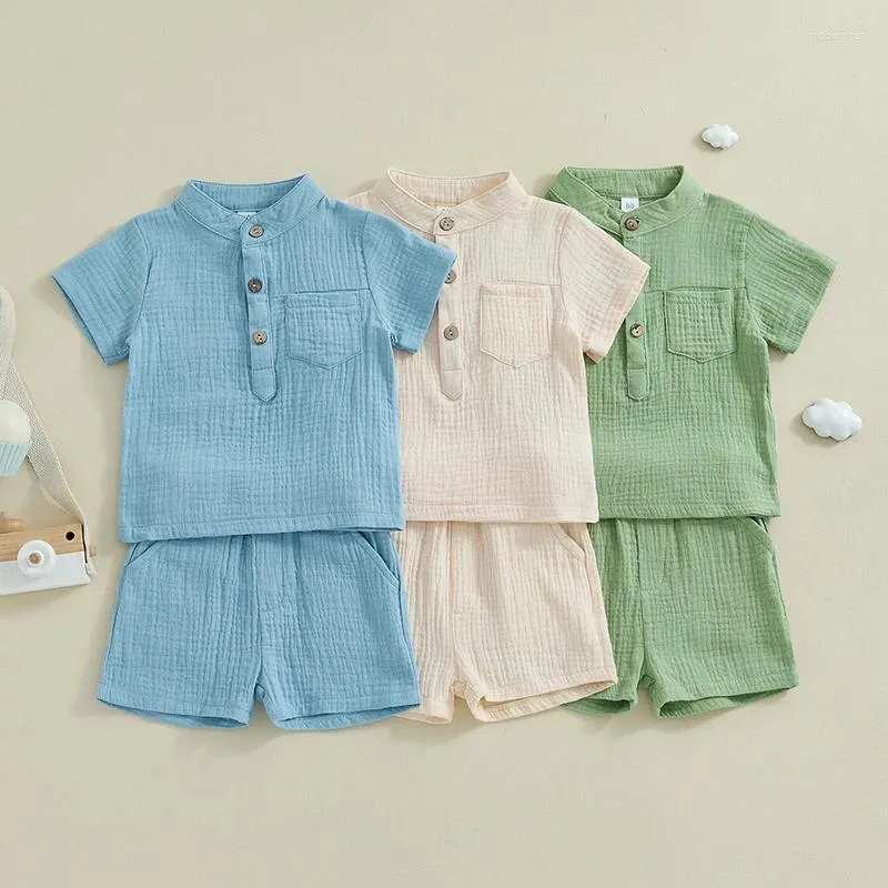 Ensembles de vêtements pour bébés garçons, tenues d'été décontractées, couleur unie, manches courtes, hauts et Shorts boutonnés, 2 pièces, vêtements pour nourrissons