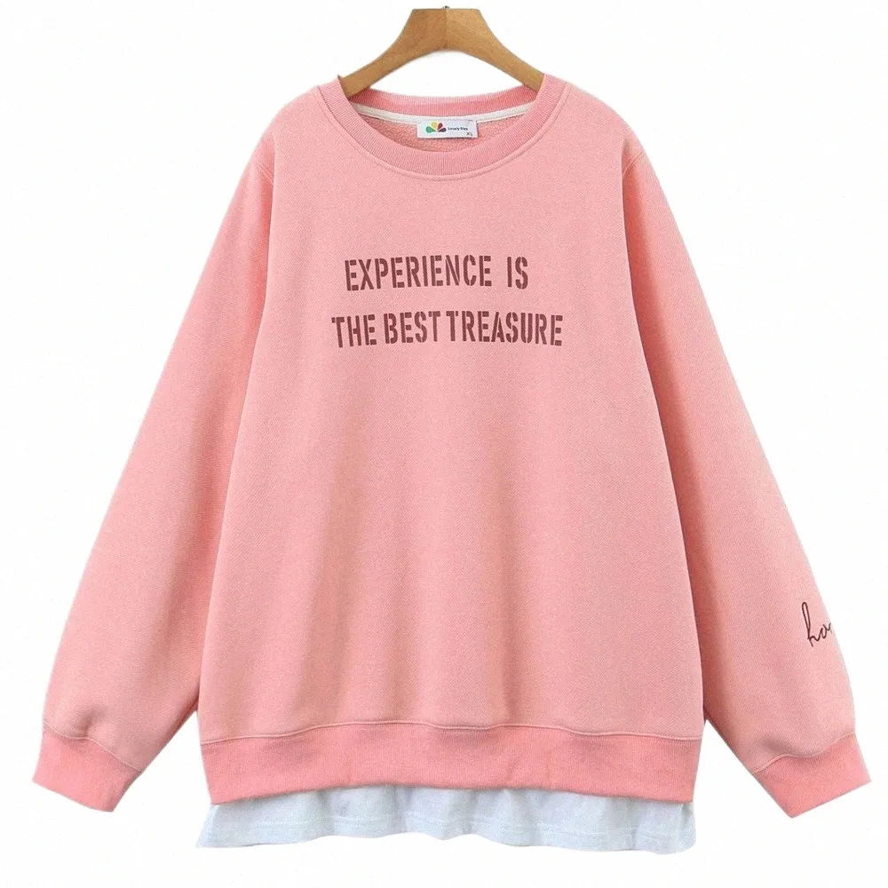 2023 Autumn Winter Good Quality Clothes Women Hoodies Plus Size Casual Letter Print Fake Two Pieces Curve Fleece Warm Sweatshirt I9R5#