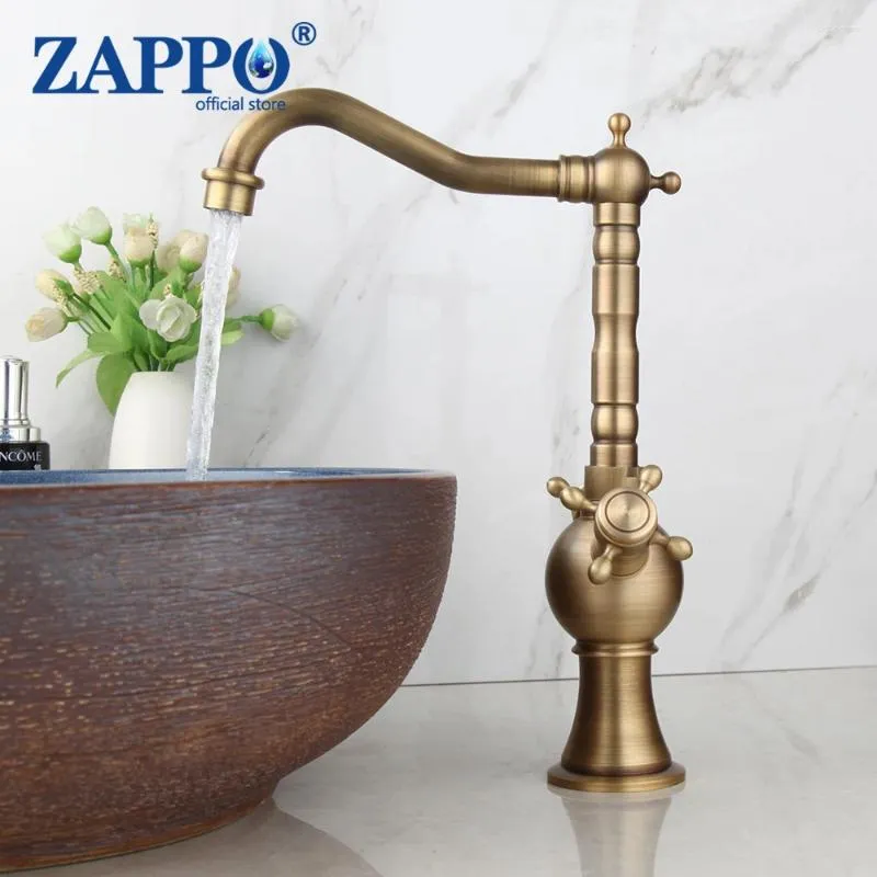 Bathroom Sink Faucets ZAPPO Antique Brass Faucet Dual Handle Spout Kitchen Single Hole Swivel Cold Water Mixer Tap