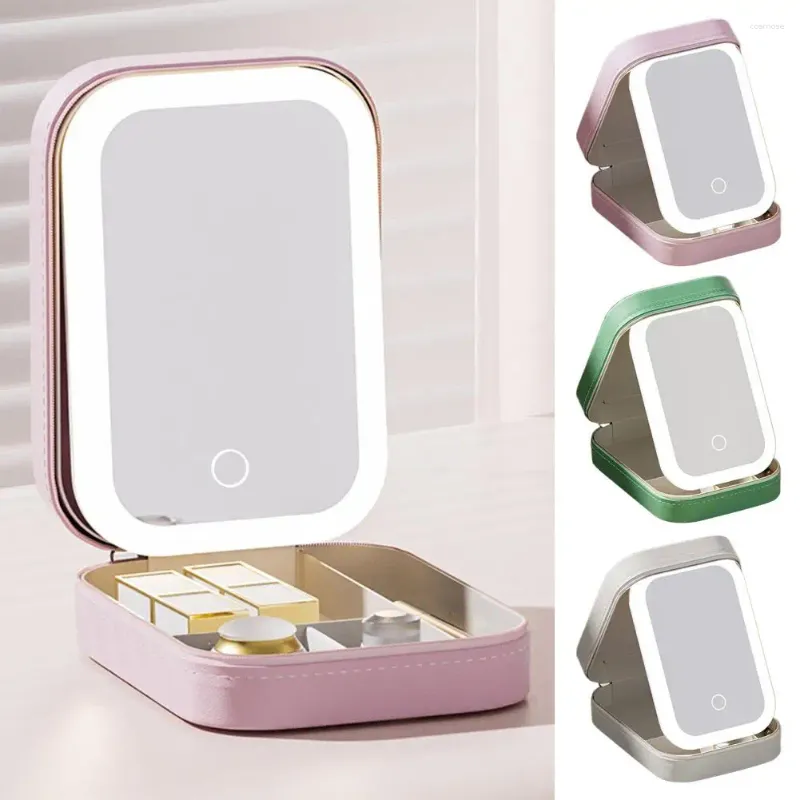 Lagringslådor Dammsäkra Portable Box Multi-fack Organiser LED Mirror Cosmetic With For Jewelry