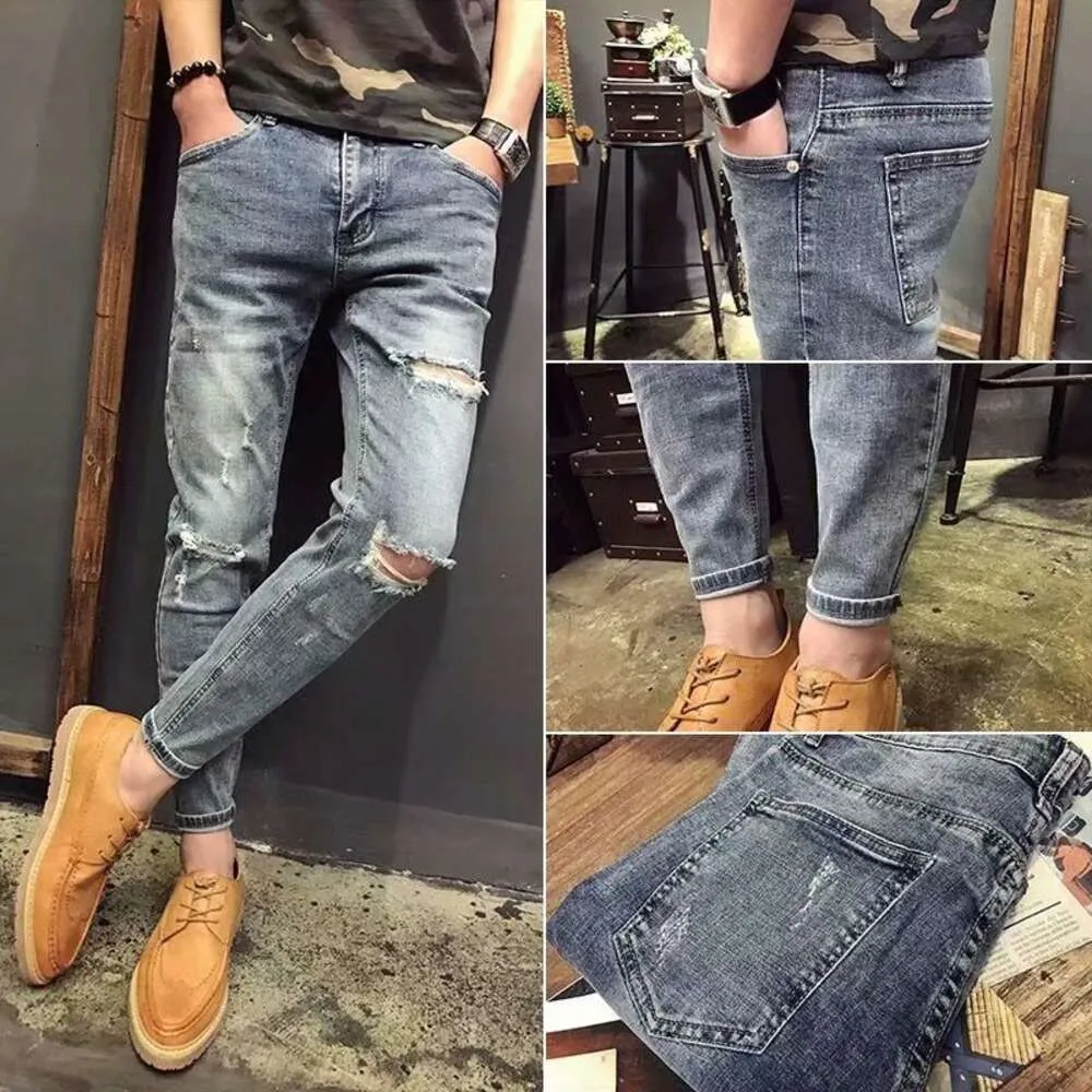 Small Foot Jeans Autumn Beggar Pants Men's Broken Nine Split Pants Slim Fit Tight Leggings Student Korean Style Pants