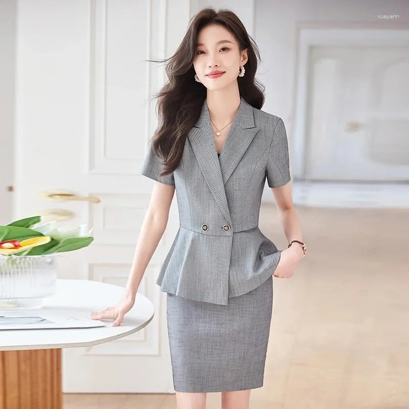 Two Piece Dress 2024 Summer Ladies Grey Blazer Women Business Suits Skirt And Jacket Sets Work Office Uniform Style Short Sleeve