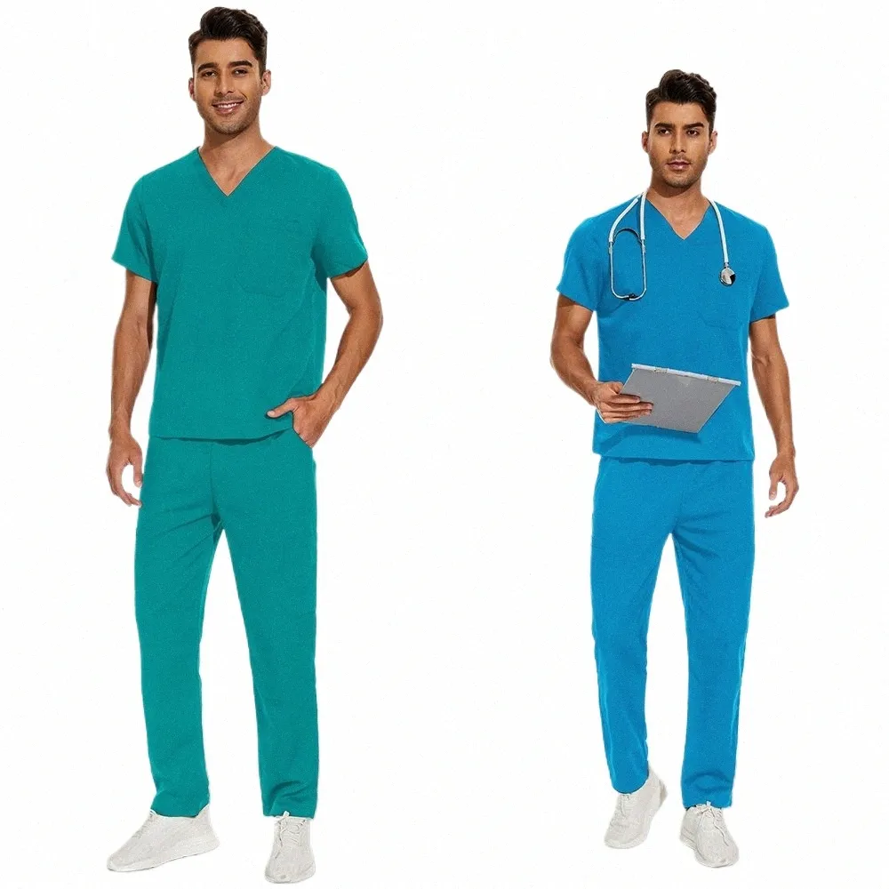 Femmes Hommes Workwear Salle d'opération Uniforme à manches courtes V-Cou Pantalon de soins infirmiers Médecin Infirmière Uniforme Costume Gommage Uniforme Salopette K80i #