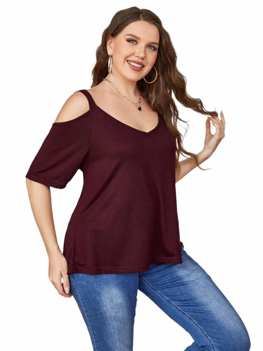 estate profondo scollo a V maniche corte spalla fredda T-shirt sexy donna Plus Size Solid Maro T-shirt top donna camicette Abbigliamento w521 #