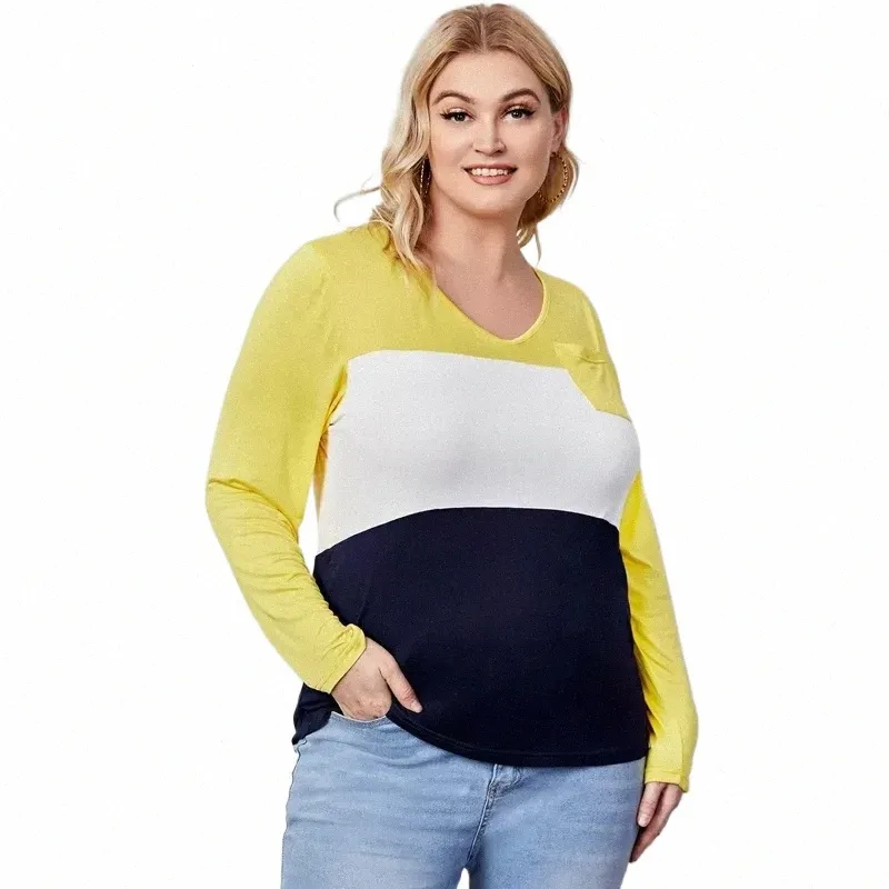 Chemisier grande taille pour femme, haut d'automne, col en V, manches Lg, cravate au dos, couleur bloquée, élégant, T-shirt Fi, grande taille 6XL h0F2 #