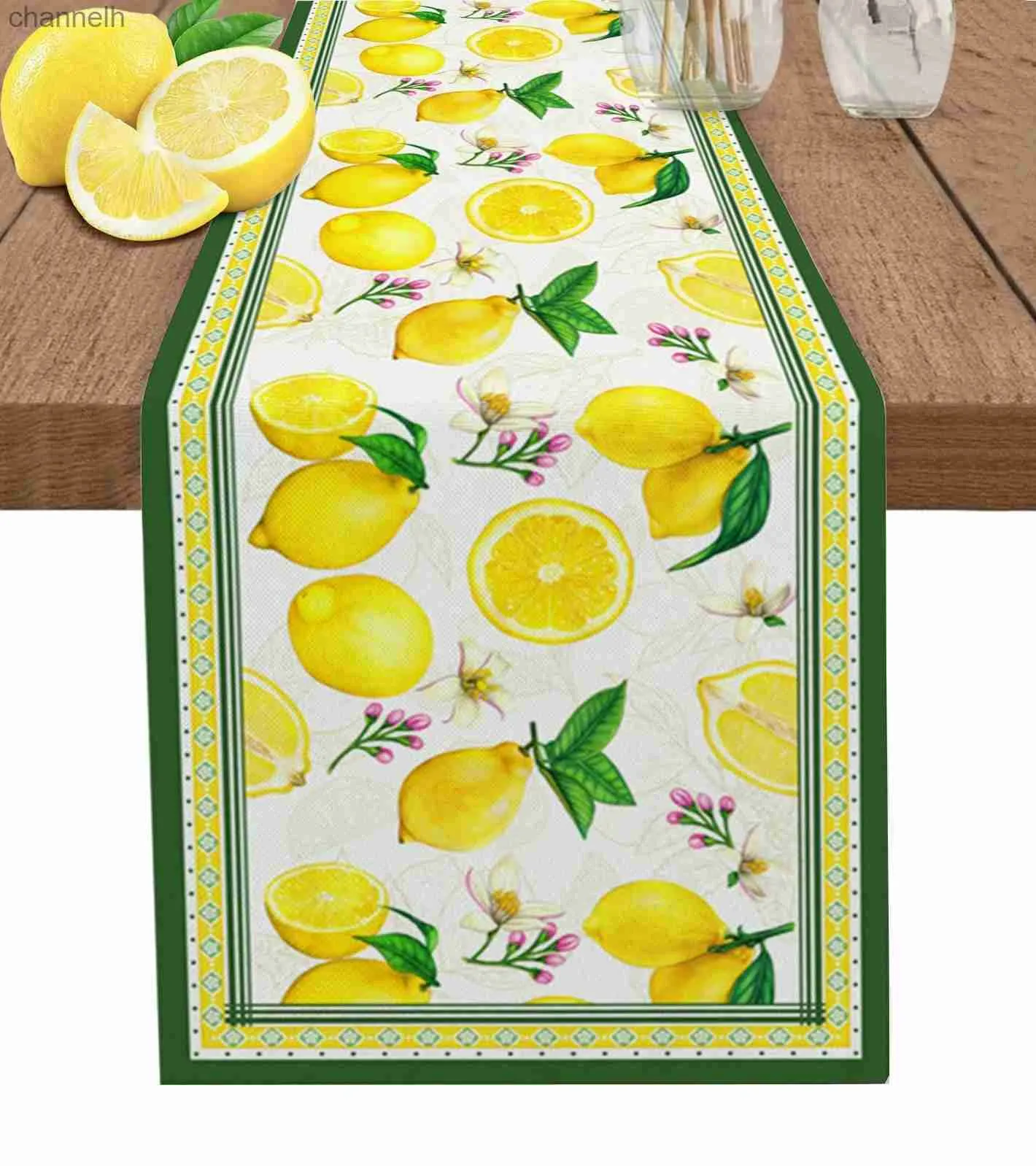 Bordslöpare Summer Fruit Lemon Green Linen Dresser Scarves Decor Farmhouse Runners for Dining Wedding Decorations YQ240330
