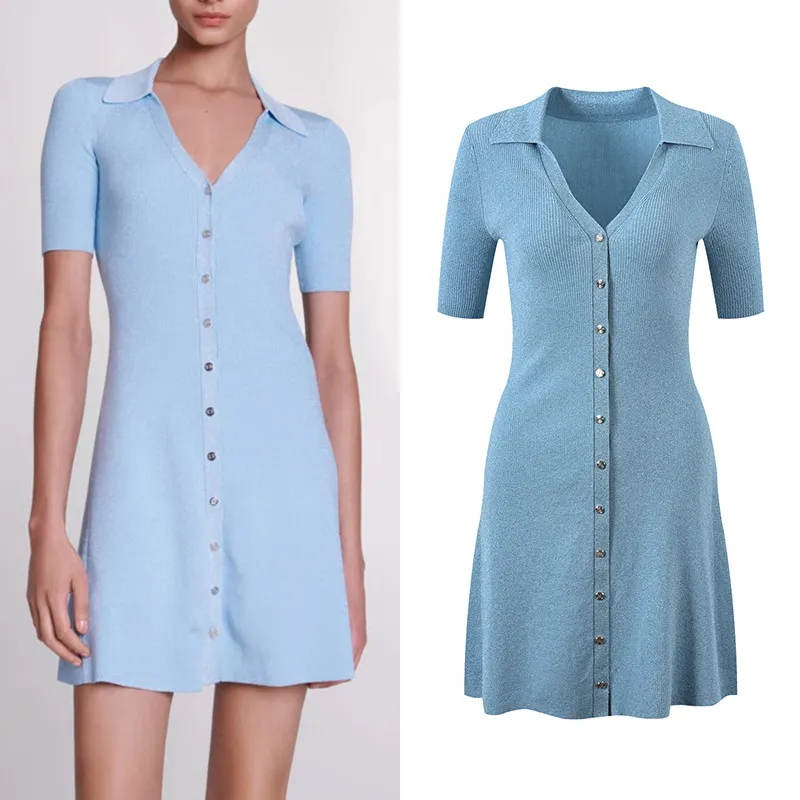 320 2024 Milan Runway Dress SPring Summer Short Sleeve Blue Brand Same Style Womens Dress Fashion High Quality YL