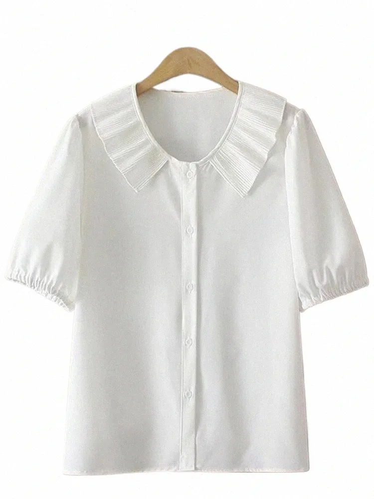 플러스 사이즈 여성 의류 여름 짧은 슬리브 주름 잡은 옷깃 단색 코트 직물 대형 크기 탄성 티셔츠 탑 36VK#
