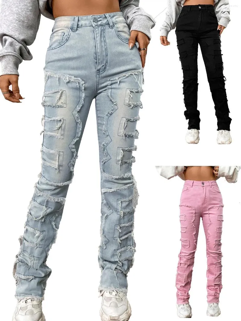 Women's Jeans American Design Women Stacked High Street Stretch Long Patched Pants Straight Fit Female Denim Outwear