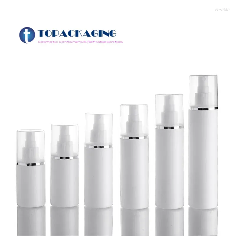 Butelki do przechowywania 100/120/150/200 ml pompa sprayowa butelka biała plastikowe perfumy puste kosmetyczne pojemnik na uzupełnienie wysokiej mgły.