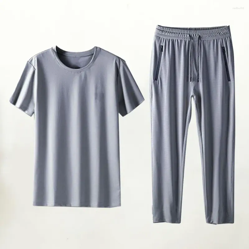 Survêtements pour hommes Hommes Casual Deux pièces Costume O-Cou T-shirt Pantalon de survêtement Ensemble avec cordon de serrage Poches à la taille Tenue sportive pour tous les jours