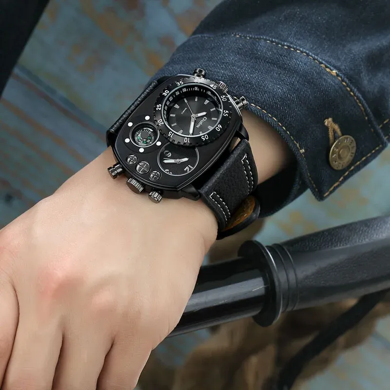 Montres Oulm décontracté bracelet en cuir véritable montres hommes deux fuseaux horaires horloge à Quartz grand cadran mâle Sport montre-bracelet