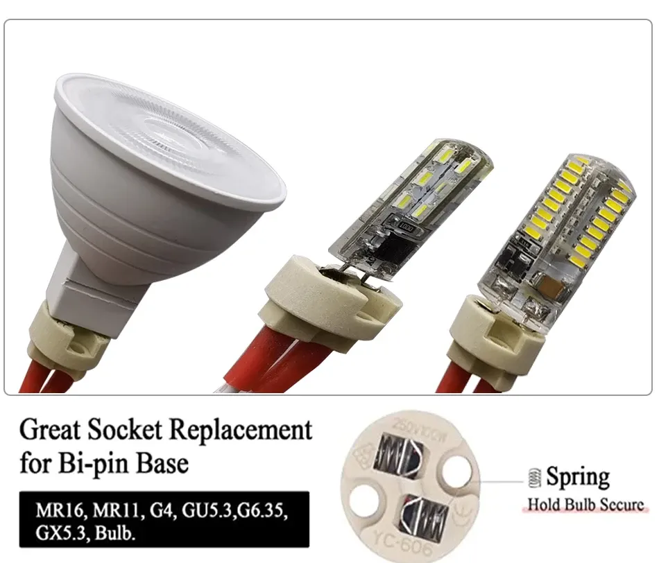 10-Pack GU5.3 Bi-Pin Socket Ceramic Base Holder For LED Halogen Lamps – Wire Connector, 12V