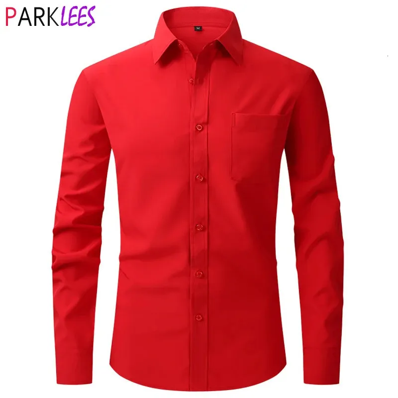 Camisas de vestido vermelho dos homens primavera regular ajuste camisa de manga longa masculino formal casamento elástico fácil cuidado camisa masculina chemise 2xl 240327