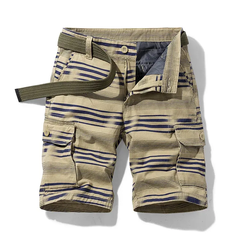 Multi Pocket Shorts flera fickor Summer Men Cotton Print Casual Shorts Striped Short Pants Beach Pants 240313