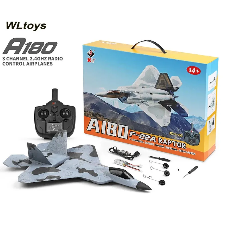 WLTOYS XK A180 RC samolot 2,4 GHz 3 kanał 6-osiowy Gyro F22 Raptan RC Płaszczyznowy szybkierka Plany pianki Stałe skrzydło RTF 240319