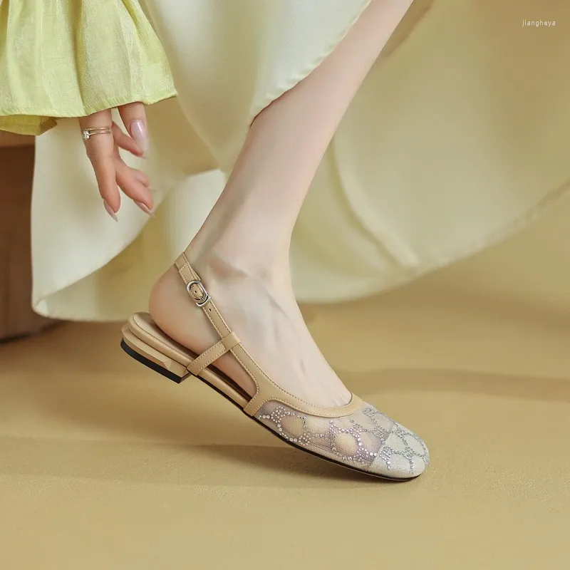 Casual Shoes Women's Spring/Summer Round Head äkta läder Sheepskin Low Heel Large Diamond Mesh Small Doft Headed Sandals