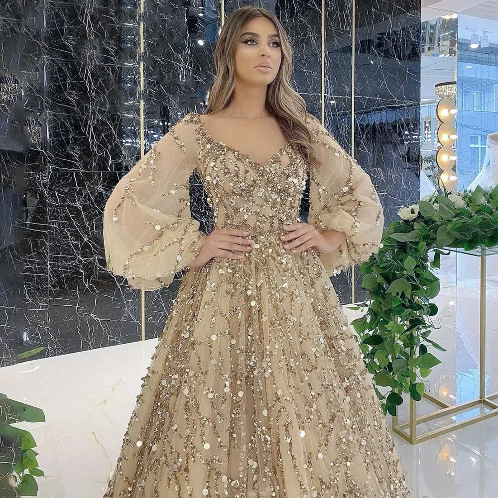 Plus Size Floor-Length Sequin Evening Gown with Lace, Puff Long Sleeve,  V-Neck, Empire Waist, Junior Size from Dhgate Basic & Casual Dresses -  price 70.99