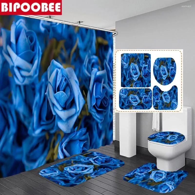 Rideaux de douche Rideau de fleurs bleues Couverture de toilette florale Couvercle Tapis de bain Tapis de bain en polyester imperméable Tapis de piédestal Tapis anti-dérapant