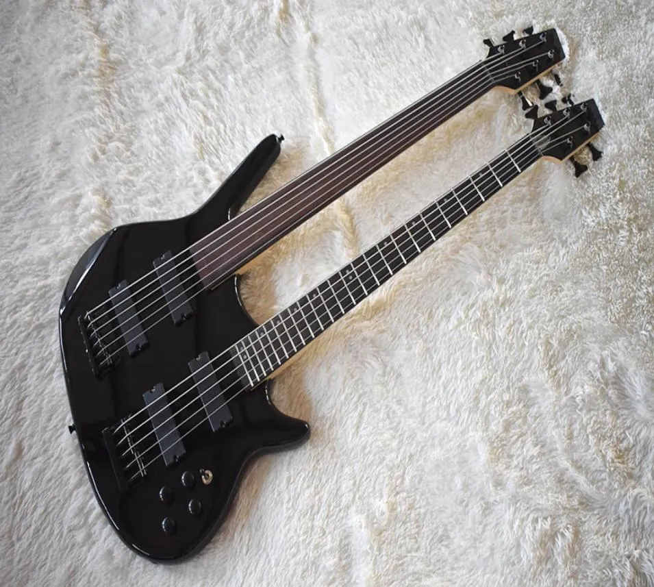 Factory Double Neck Black Electric Bass Guitar with 56 StringsRosewood FretboardOne FretlessHigh QualityCustomized9605432