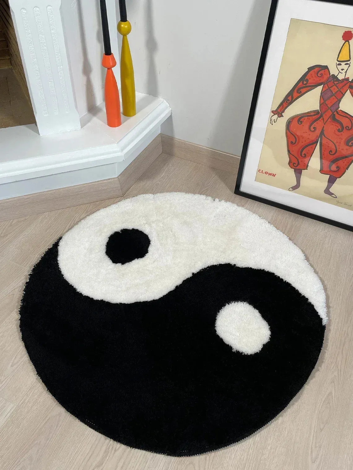 Lakea Yin och Yang Symbol Fluffy Circle Soft Rug Black and White Circle Digital matta för sovrum med kinesisk karakteristik 240417