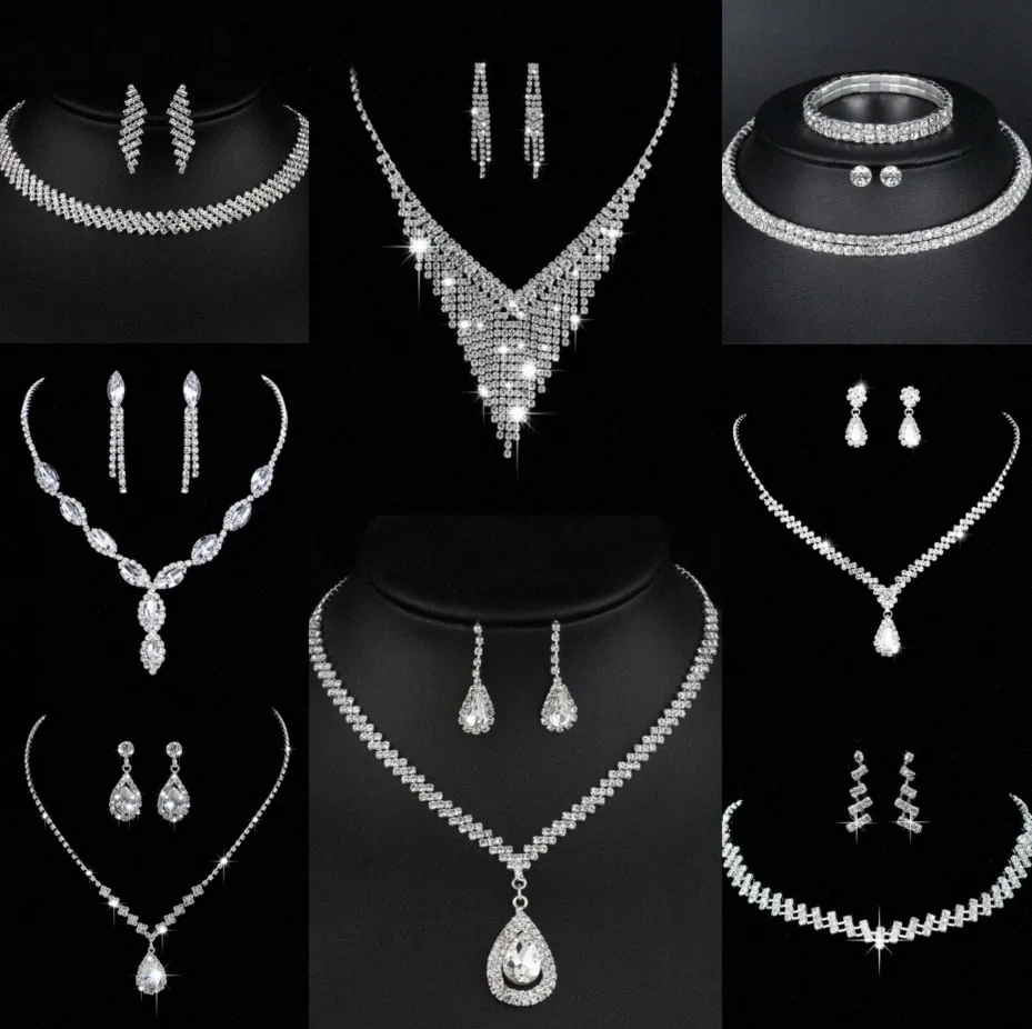 Wertvolles Labordiamant-Schmuckset Sterlingsilber-Hochzeits-Halsketten-Ohrringe für Frauen-Braut-Verlobungs-Schmuck-Geschenk q1Yl #