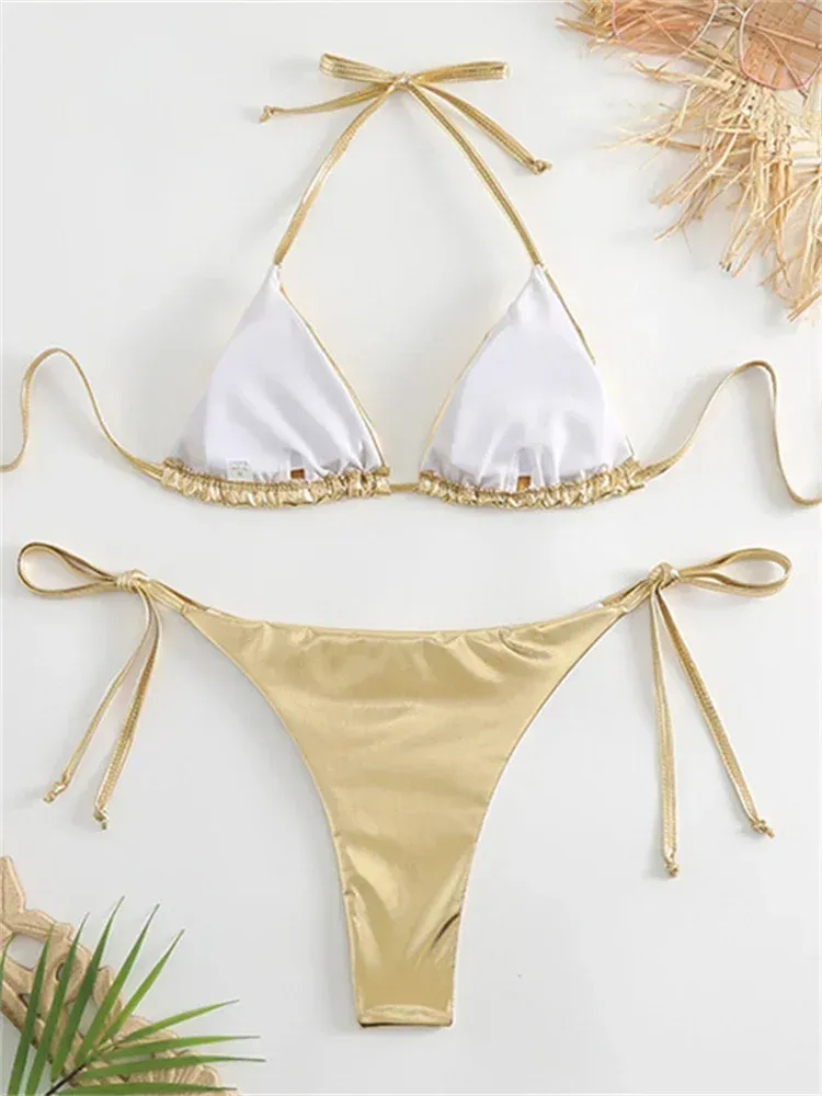Sexy Brozing Gold Bikini Sets Women Women Solid Red Push Up Micro Swimsuit 2024 Brasileiro Bathing Bathing Suit Side tardia