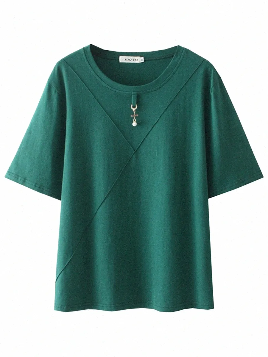 plus Size T-Shirt Summer Tees Women Clothing Loose Cott Metal Pearl Pendant Decorati Short Sleeve Tops J1WD#