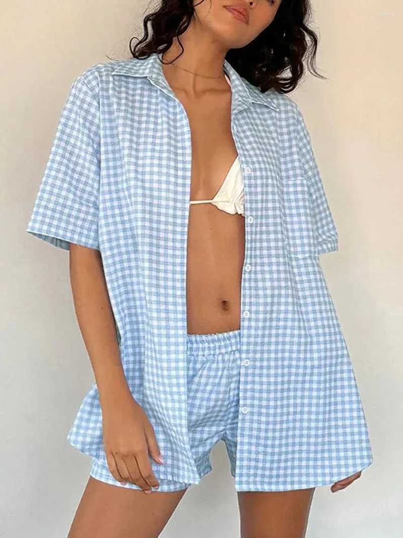 Home Kleding Vintage geruit overhemd Boxershorts Pak Dames Y2k Lough Pyjama Sets Preppy reverskraag Blouse Tops 2-delige vrouwelijke zomerpakken