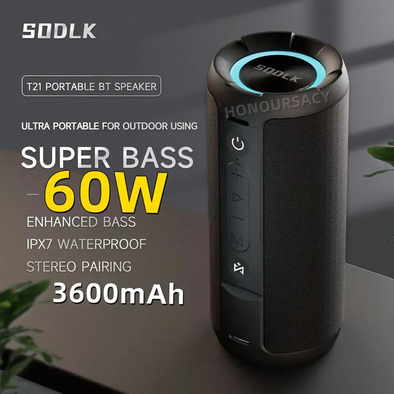 Haut-parleurs SODLK T21 haut-parleurs Bluetooth portables 60W caisson de basses 360 stéréo RGB lumière sans fil étanche TWS Super USB/TF/AUX Boom box