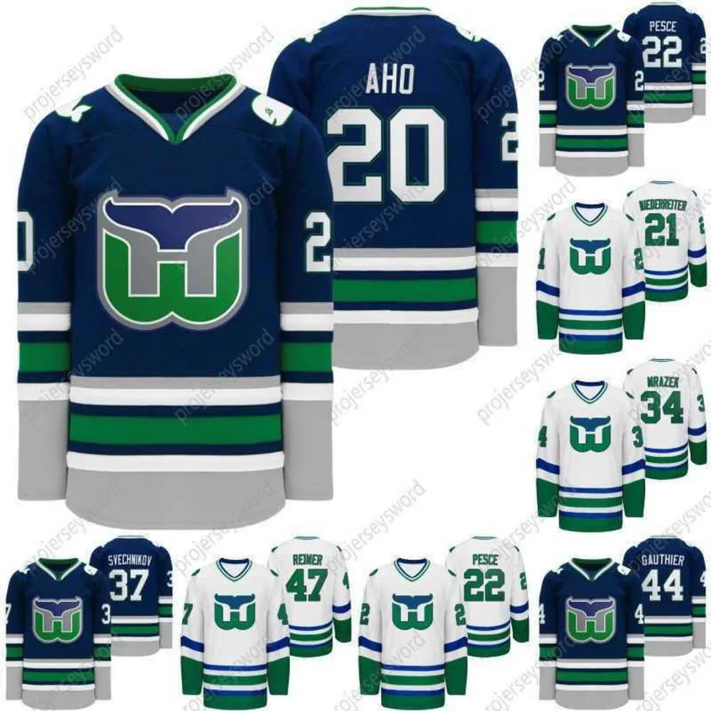 Maillot de hockey de nuit des Whalers 24S Hartford Heritage 2020 Sebastian Aho Nino Niederreiter Brett Pesce Andrei Svechnikov Julien Gauthier Reimer