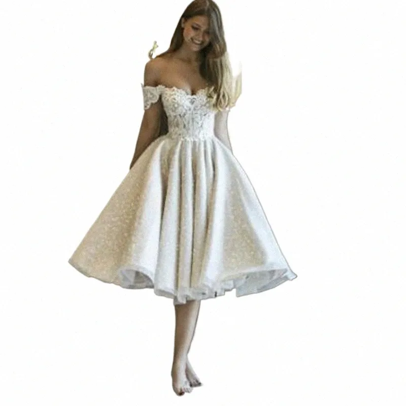 Estate Breve Glitter Wedding Dres Tea-Length Off Spalla Donne eleganti Bridel Abiti di pizzo Applique Shiny Princ Wedding H8ws #
