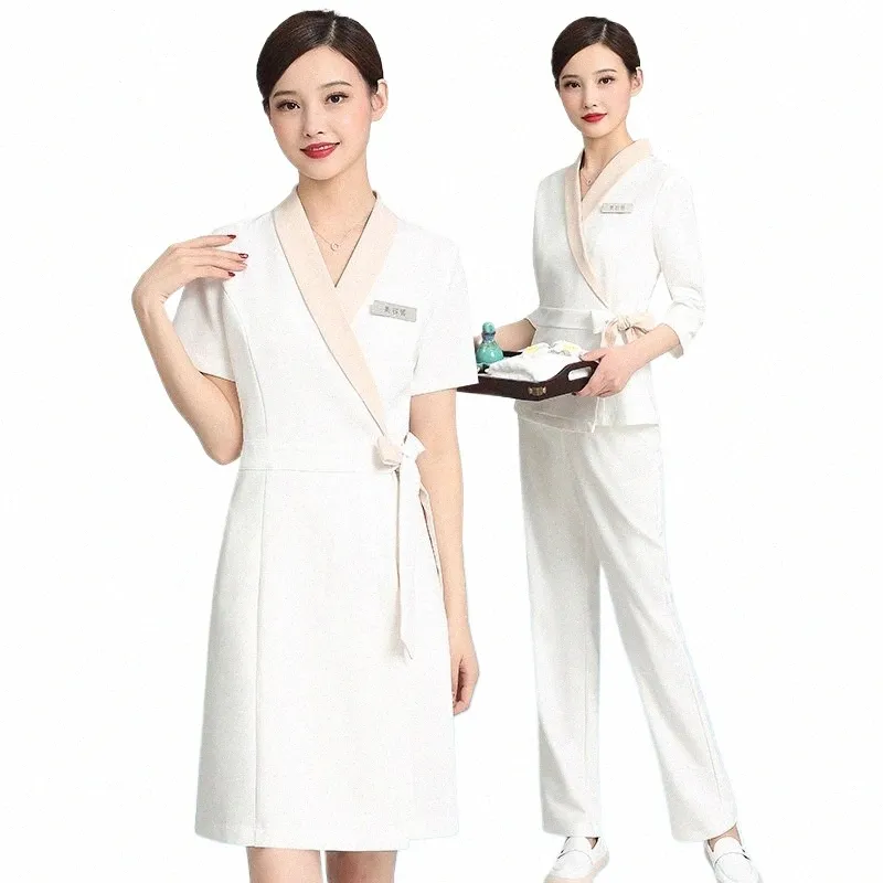 beleza Sal Cosmetologista Roupas de Trabalho Mulheres Manga Curta Verão Manicure Uniforme Hotel Garçons Uniforme W3Yb #