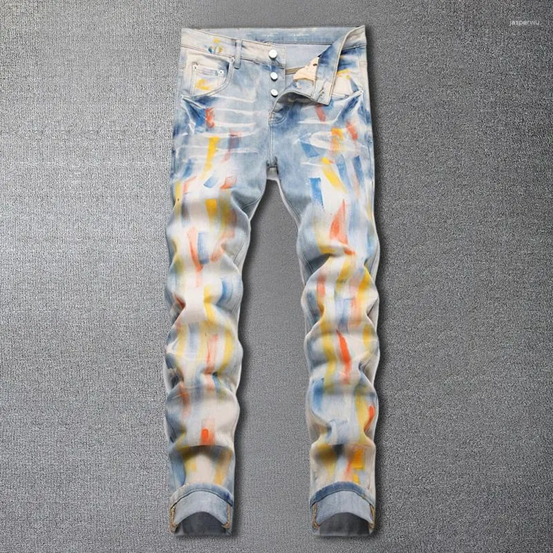 Men's Jeans Men Color Paint Spraying Printed America Streetwear Slim Pencil Pants Zipper Stretch Denim Trousers Fit
