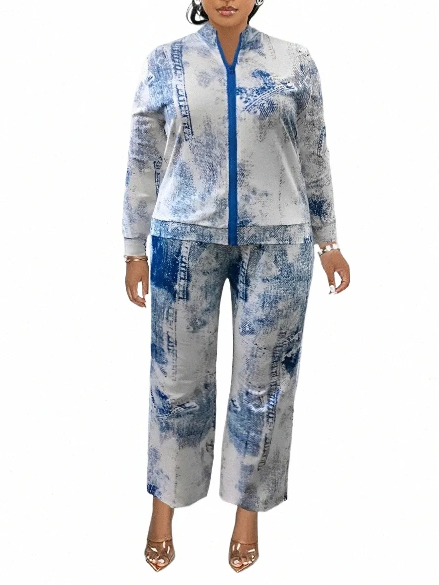 lw Plus Size Dames Herfst Casual Gemengde Gedrukt Rits Ontwerp Lg Mouw Mandarijn Kraag Tie Dye Trekkoord Wijde Pijpen Broek Set N4xN #