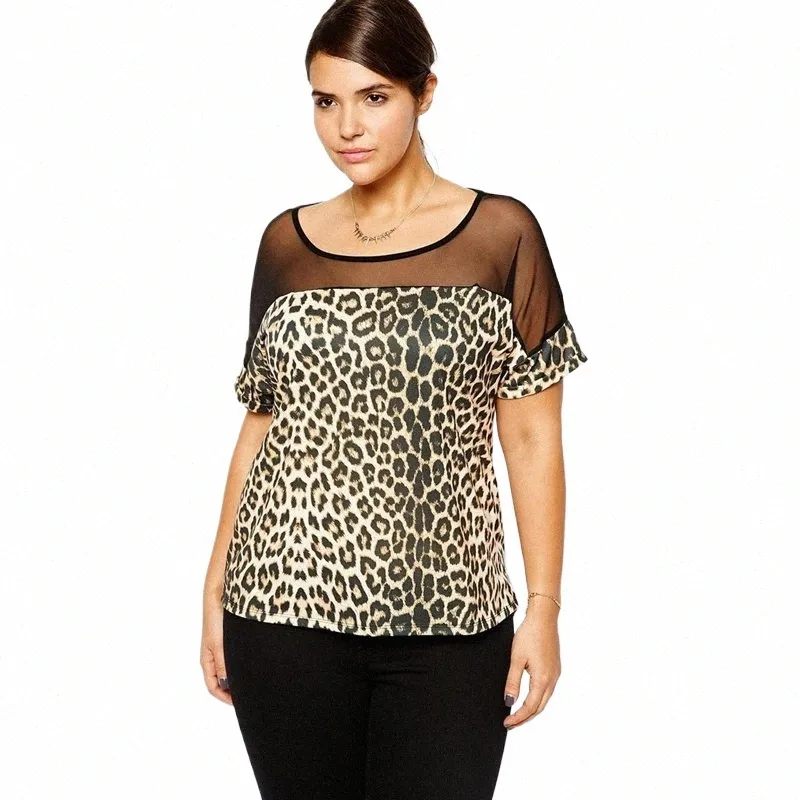 Plus la taille à manches courtes imprimé léopard été t-shirt décontracté femmes maille patchwork lâche top femme grande taille tee 5XL 6XL 7XL 8XL r2MZ #