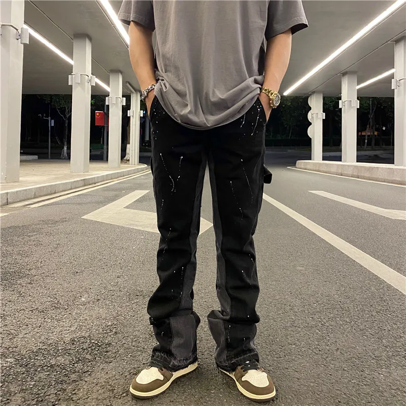 Men's Black Splashed Ink Flared Wide Leg baggy jeans