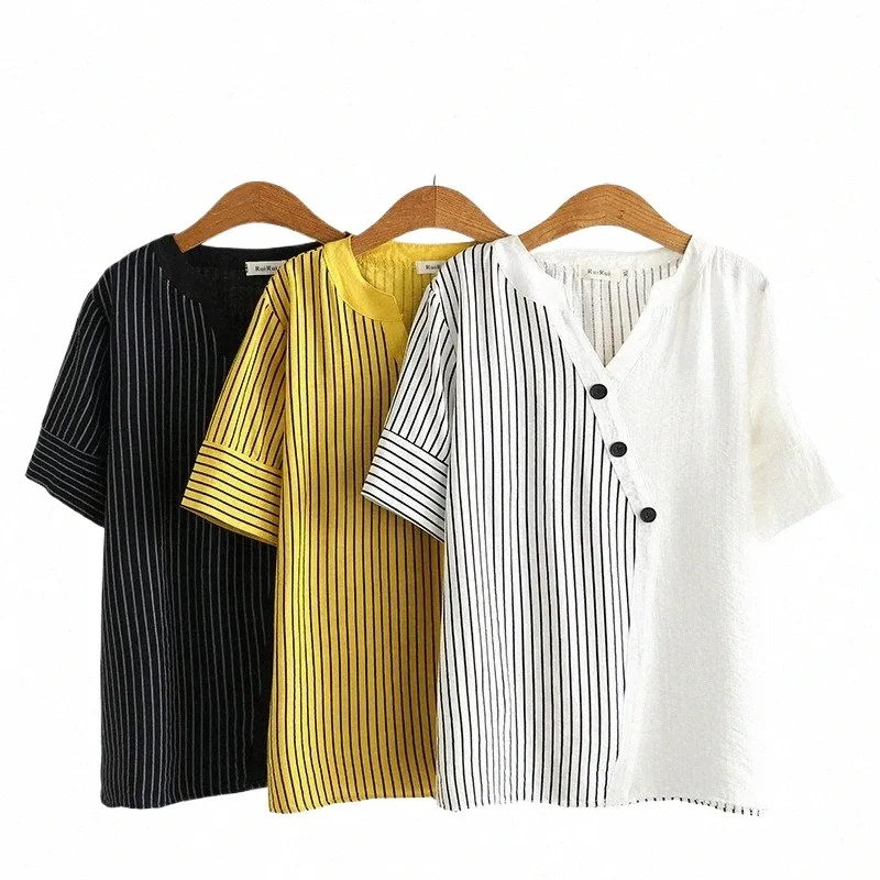 T-shirt à rayures d'été pour femmes, grande taille, col en V, manches courtes, grande taille 3XL 4XL 5XL 6XL v4Od #, 2022