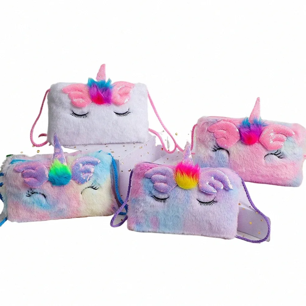 Borsa a tracolla in peluche Unicorn Square Squint Borsa a tracolla in peluche per bambini Carto Portafoglio Zero per ragazze dell'asilo C6NE #