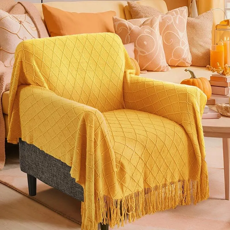 Dekens Gebreide Mosterdgeel Gooi Deken Voor Bank Thuis Herfst Winter Decoratieve Kwastje Gezellige Boho Laken Sofa Cover