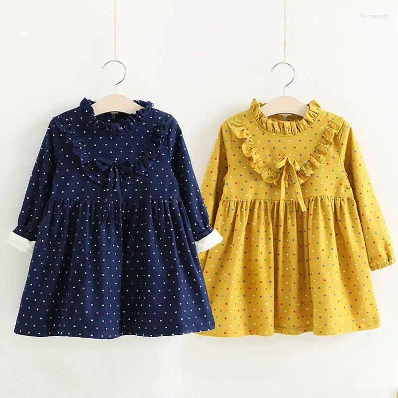 Girl Dresses 2024 Winter 2 34 6 8 10 Years Kids Crew-Neck Glitter Long Sleeve Dot Bow Thickening Plus Velvet Warm For Baby Girls Dress