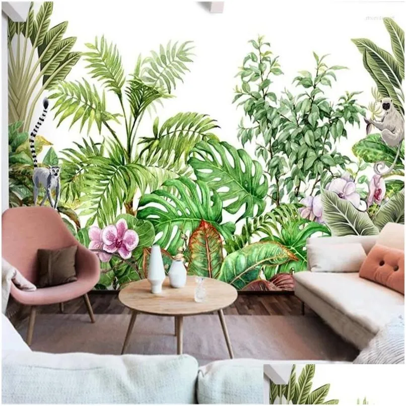 Fonds d'écran Nordic peint à la main petite plante tropicale fraîche fond de fleur papier peint mural papier peint 3D salon chambre décor papier Dr Dhtgz