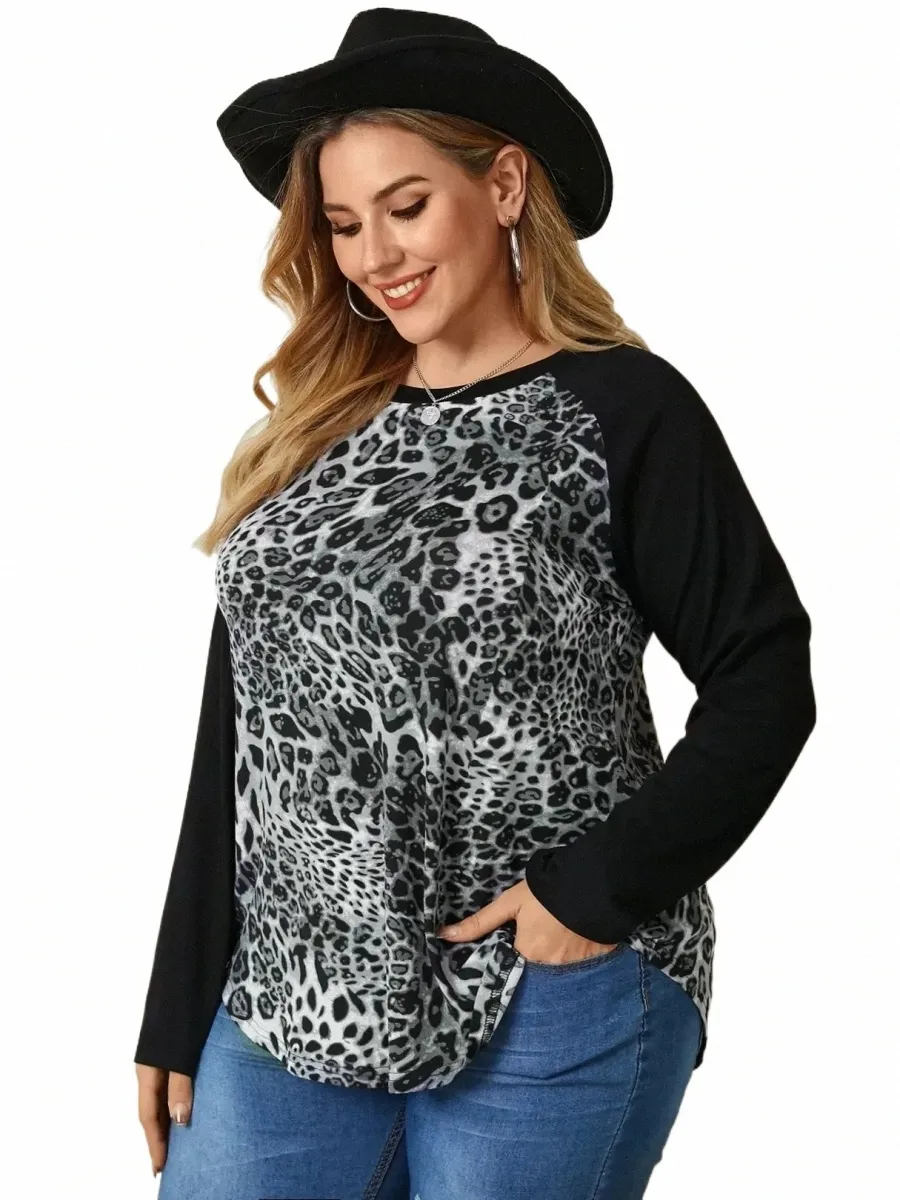 Plus Größe Casual Leopard T-shirt Frauen LG Raglanhülse Farbe Blockiert Frühling Herbst Elegante Strick Top Bluse 4XL 5XL 6XL 7X U6uf #