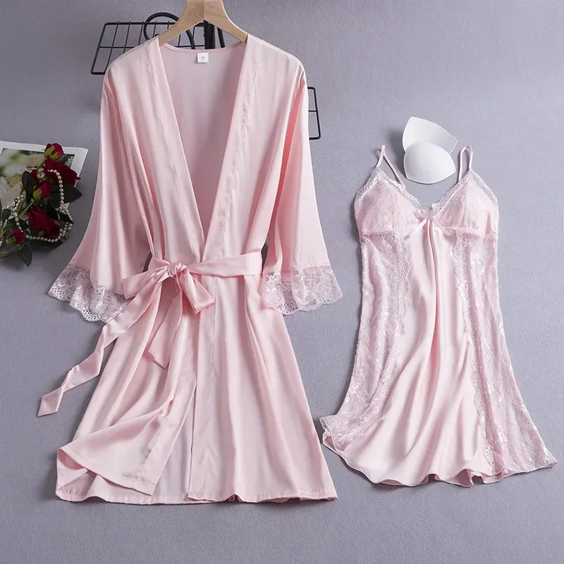 White Lace Kimono Robe Set Sexy Satin Chemise Sleepwear Nightgown Loungewear With Satin Home Clothes From Ddmydesign 32.22 DHgate.Com