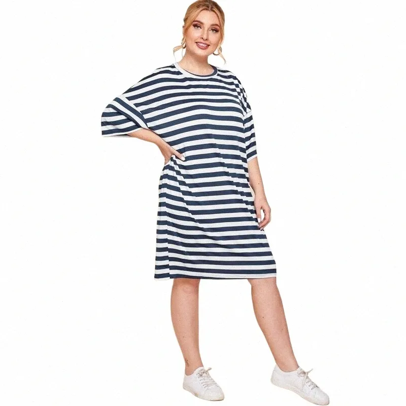 plus Size Loose Summer Elegant Tunic Dr Women Drop Shoulder Half Sleeve Oversize Casual T-shirt Dr Midi Striped Tee Dr j2AW#