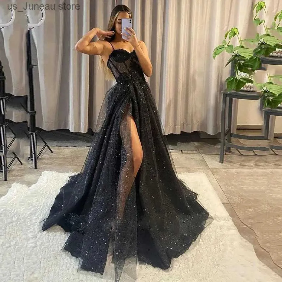 Urban Sexy Dresses Shiny Tulle Evening Dress 2024 Sexy Black V-Neck StrapLlace Applique Party Dress A-line High Side Slit Formal Occasion Prom Gown T240330