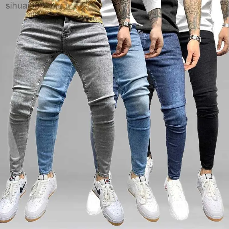 Men's Jeans Mens black tight jeans high-quality gray casual mens jeans tight mens jeans hip-hop street clothing cotton denim TrousersL2403